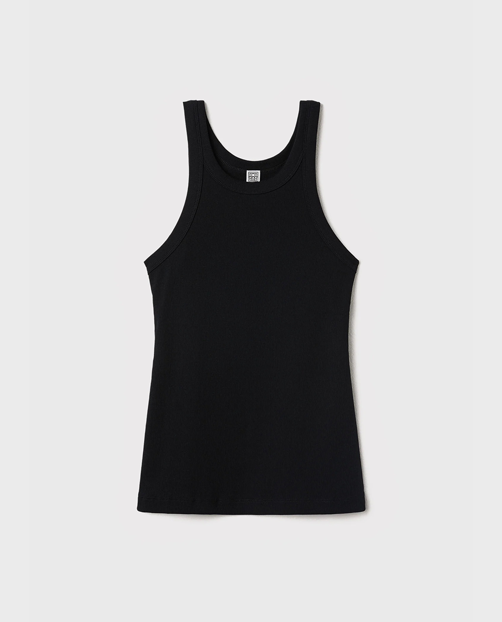 Sort melange rib tanktop med høj hals, buede ærmegab og lige kant.